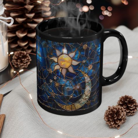 Gothic Stained Glass Celestial Coffee Mug, Dark Academia Witchy Stars Moon Teacup, Spooky Cottagecore Black Coffee Cup, Goth Lover Gift BPA and lead-free, microwave and dishwasher-safe, and made of black durable ceramic and available in 11-ounce and 15-ounce sizes. The high-quality sublimation printing makes this black ceramic mug the perfect gift for your true coffee, tea, or hot chocolate lover. .: Material: 100% ceramic with a glossy finish .: Available in two sizes: 11oz (0.33 l) and 15oz (0.44 l) .: C-shaped easy-grip handle .: Microwave and dishwasher safe .: Lead and BPA-free Cool Shaped Mugs, Cool Mugs Designs Creative, Stained Glass Cups, Celestial Mug, Whimsy Goth Kitchen, Gothic Mug, Mug Reference, Witchy Ceramics, Pottery Designs Ideas