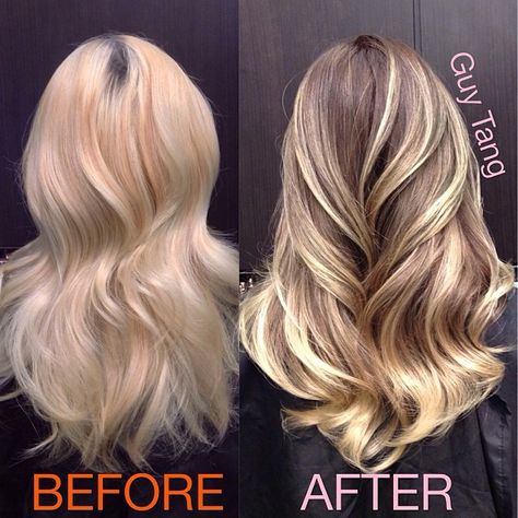 I like this transformation from bleach blonde to more natural highlights.  No more Bleach Blonde please. Blonde Lowlights, Beige Blond, Hair With Highlights, Top Hairstyles, Hair Affair, Bleach Blonde, Hair Color And Cut, Hair Collection, Bleached Hair