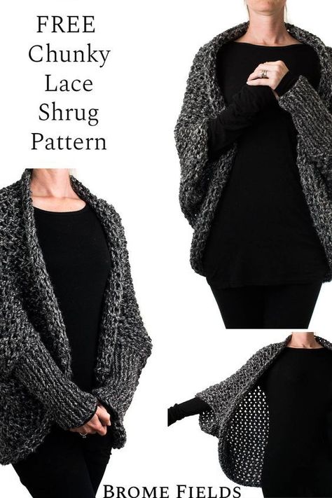 Knit this chunky lace blanket sweater and turn it into a Cocoon Scoop Shrug with just 2 seams or add sleeves (+video). Cocoon Shrug Knitting Pattern, Knitting Pattern Cardigan Free, Cocoon Sweater Knitting Pattern, Knitted Cocoon Pattern Free, Knitted Shrug Pattern, Knit Shrug Pattern Free, Knitted Shrugs Free Patterns, Poncho Knitting Patterns Women, Knitting Shrug