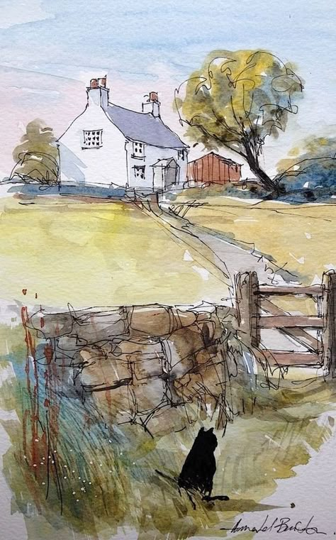 Line And Wash, Pen And Wash, Watercolour Landscape, Watercolor Architecture, Watercolour Inspiration, Soyut Sanat Tabloları, 수채화 그림, Watercolor Landscape Paintings, Tableaux Paysage