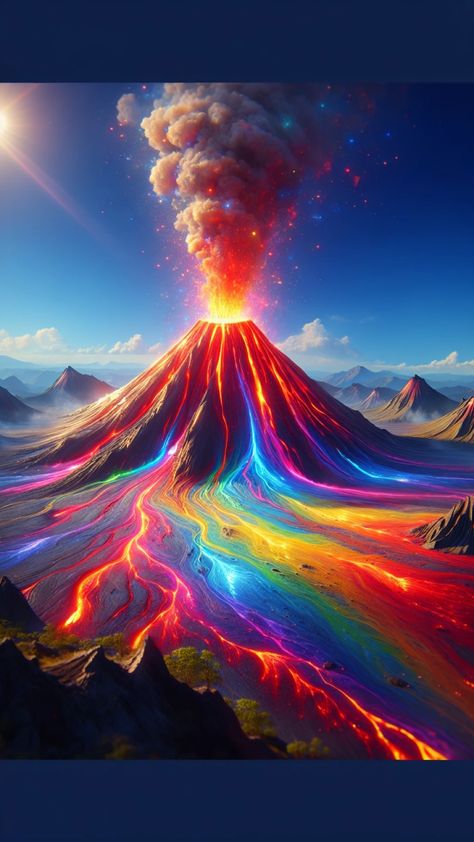 Rainbow Fire, Rainbow Volcano, Volcano Desktop Wallpaper, Lightning Volcano, Volcano Castle Fantasy Art, Fire Rainbow Cloud, Rainbow Wallpaper Backgrounds, Rainbow Colors Art, Earth Air Fire Water