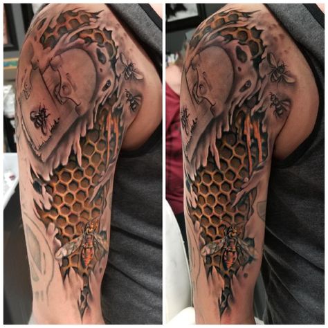 Update- A few months back I posted the start of my half sleeve. Artist had issues with shop and opened his own so I finally had a chance to get it worked on. Added color and minor details. 3-4 sessions until arm is wrapped and finished. Artist- Frank Genovese Inkglorious Northampton PA Bee Tattoo Half Sleeve, Honey Comb Elbow Tattoo, Honeycomb Tattoo Sleeve Filler, Insect Half Sleeve Tattoo, Skull And Honeycomb Tattoo, Honeycomb Tattoo, R Tattoo, Custom Tattoo, Tattoos Ideas