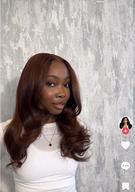 Hair With Crimps, Amber Brown Hair Color Black Women, Chocolate Lob Hair, Red Brown Hair On Black Women, Brown Wig On Black Women, Fall Silk Press, Ginger Hair Sew In, Brown Hair Color On Black Women, Brown Shoulder Length Hair With Layers