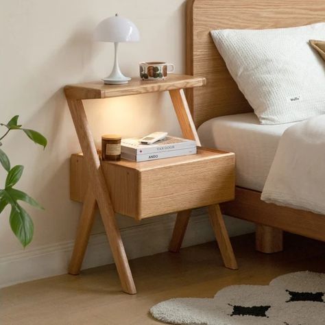 Wooden Side Table Bedroom, Nightstands Ideas Bedside Tables, Light Wood Nightstand, Unique Bedside Tables, Simple Nightstand, Green Headboard, Shelf Bedside Table, Integrated Lighting, Bedside Organizer