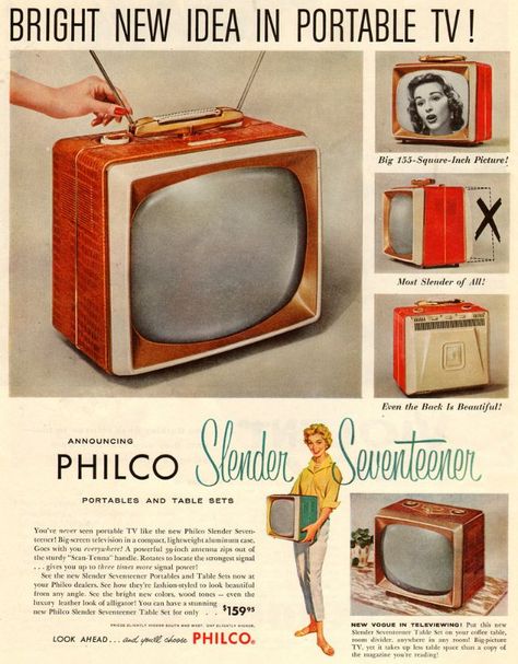 Vintage Tv Ads, Portable Tv, Tv Advertising, Vintage Television, Television Set, Tv Sets, Old Advertisements, Retro Advertising, Retro Ads