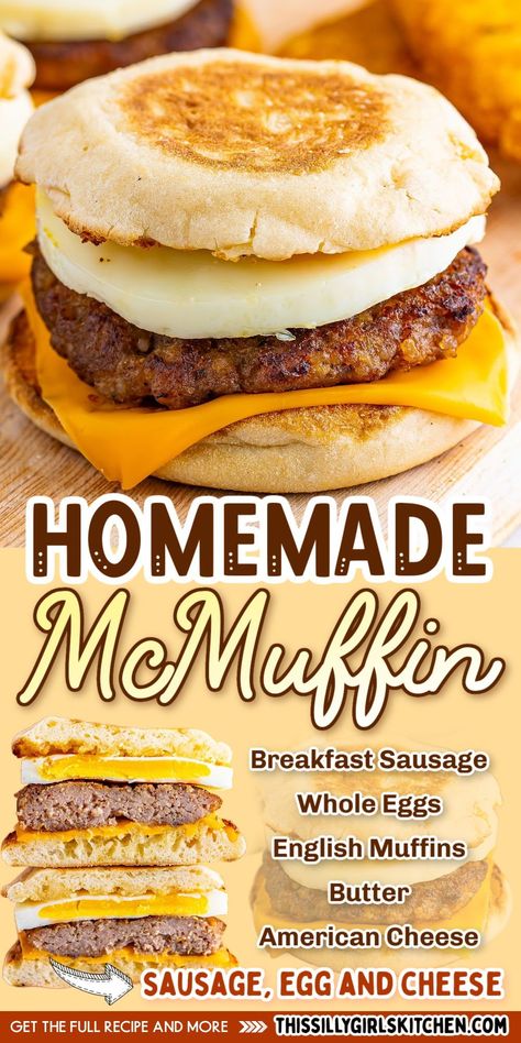 Who doesn't love a good breakfast or brunch recipe? This homemade breakfast sandwich from This Silly Girl's Kitchen is the perfect option! A Toasted English muffin filled with a perfectly cooked egg, a sizzling sausage patty, and a slice of melty cheese. This Homemade McMuffin is the best breakfast or any-time treat! Egg Muffins Sandwich, Healthy Breakfast For Two, Egg English Muffins Breakfast, Breakfast Egg Sandwich Recipes, Breakfast Recipes Sandwiches, Homemade Egg Muffins, Home Made Breakfast Sandwich, Easy Non Egg Breakfast Ideas, Egg For Breakfast Sandwich