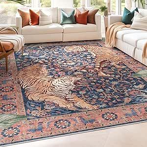 Well Woven Apollo Botanical Tiger Navy Washable Rug – Dining Room & Bedroom, 7'10" x 9'10", Durable Garden Escape, Botanical Rug, Tiger Rug, Floral Flats, Rug Dining Room, Well Woven, Navy Rug, Modern Area Rug, Washable Rug