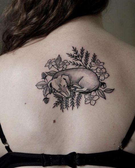 10+ Of The Best Dog Tattoo Ideas Ever Sweet Dog Tattoo, Dog With Halo Tattoo, Whimsical Dog Tattoo, Dog Laying Down Tattoo, Brindle Dog Tattoo, Dachshund Memorial Tattoo, Curled Up Dog Tattoo, Dog Tattoo Flowers, Dog Curled Up Tattoo