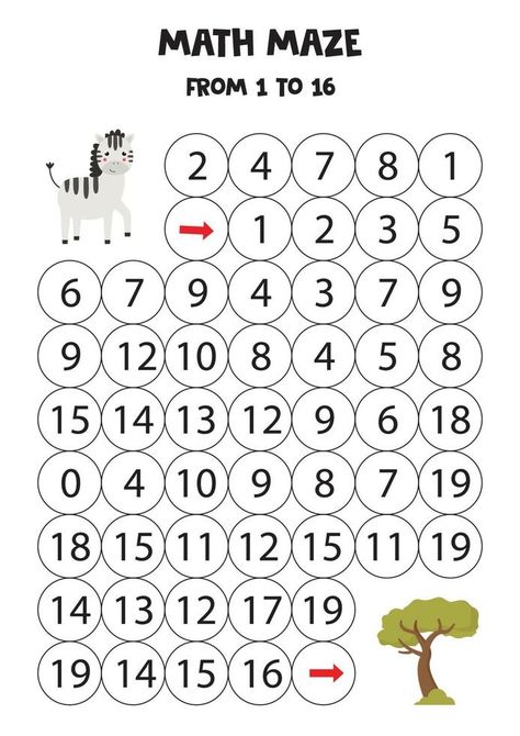 Math game with zebra and safari tree. Safari Tree, Mazes For Kids Printable, Math Maze, Maze Worksheet, Printable Games For Kids, Math Activities For Kids, Mazes For Kids, Vector Game, Math Games For Kids