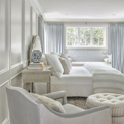 Serene bedroom with light blue and quiet subtle decor. #thefoxgroup #bedroom #serene Timeless Decorating Ideas, Country Bedroom Ideas, The Fox Group, Timeless Decorating, Fox Group, Coastal Style Furniture, Iron Bed Frame, Calming Bedroom, French Country Bedrooms