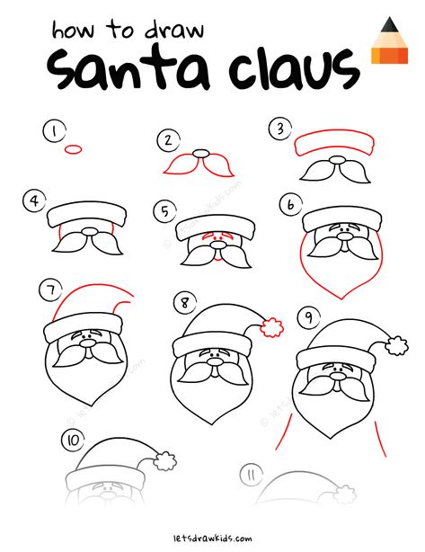 Easy Santa Drawing, Santa Claus Drawing Easy, Draw Santa Claus, Draw Santa, Santa Claus Drawing, Easy Christmas Drawings, Santa Cartoon, Christmas Art For Kids, Christmas Sketch