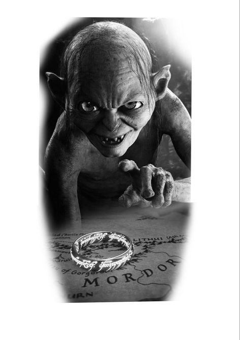 Gollum Tattoo Design, Gollum Tattoo, Gandalf Tattoo, Lion Hand Tattoo, Lotr Trilogy, Lord Of The Rings Tattoo, Monster Tattoo, Middle Earth Art, Scary Tattoos