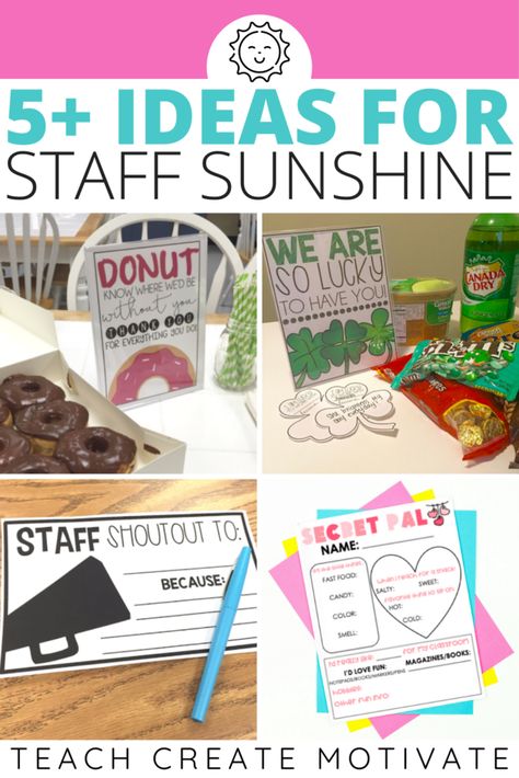 Sunshine Club Back To School, Teacher Of The Week Ideas, Teacher Brunch Ideas, Staff Culture Ideas, Get To Know Your Teachers Bulletin Board, Culture And Climate Committee, Sunshine Committee Holiday Ideas, School Morale Boosters Teacher Lounge, Instructional Coach Appreciation Gifts