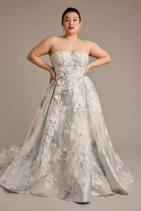 View Oleg Cassini Brocade Strapless Ball Gown Wedding Dress in all available colors and sizes Strapless Ball Gown Wedding Dress, Brocade Wedding Dress, Oleg Cassini Wedding Dress, Wedding Bridesmaids Dress, Curvy Wedding Dress, Strapless Ball Gown, Curvy Wedding, Blue Ball Gown, Wedding April