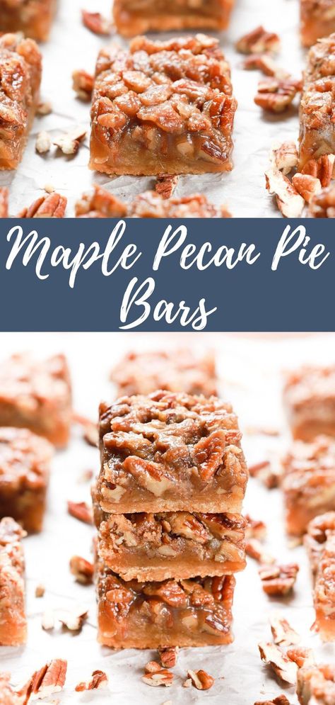 Maple pecan pie bars on a white piece of parchment paper. Maple Bars Recipe, Maple Pecan Bars, Maple Desserts, Pecan Pie Bar, Apple Pecan Pie, Maple Pecan Pie, Pecan Pie Bars Easy, Pie Bars Recipe, Holiday Dessert Table