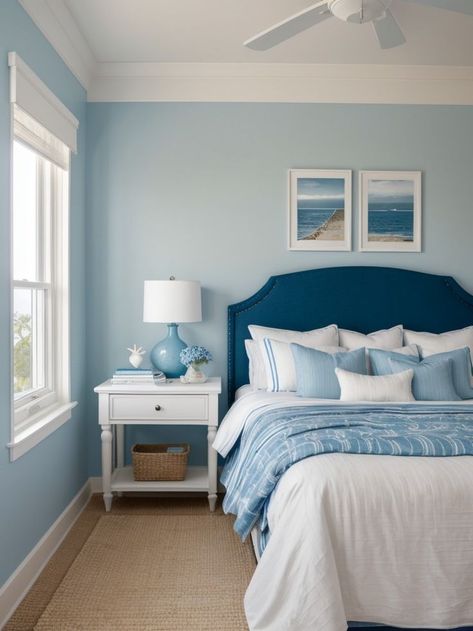 Coastal-themed bedroom with a palette of soothing blues, nautical accents, and beach-inspired decor for a tranquil and seaside-inspired look. #BedroomIdeas #BedroomDesign Color Combos With Blue, Gender Neutral Bedroom Kids, Willow Decor, Neutral Kids Bedroom, Vibe Bedroom, Space Saving Bedroom, Blue Bedroom Design, Beach Themed Bedroom, Retro Living Rooms