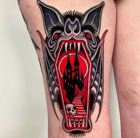 New School Tattoo Halloween, Trad Ghost Tattoo, American Traditional Ghost Tattoo, American Traditional Ghost, Traditional Castle Tattoo, Traditional Ghost Tattoo, Dark Traditional Tattoo, Ojo Tattoo, Dracula Tattoo