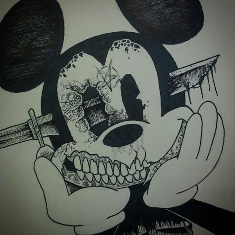 Creepy Mickey Mouse Drawings, Dark Disney Drawings, Mickey Mouse Horror, Evil Mickey Mouse, Skeleton Art Drawing, Horror Cakes, Horror Disney, Neon Art Painting, Dark Cartoon