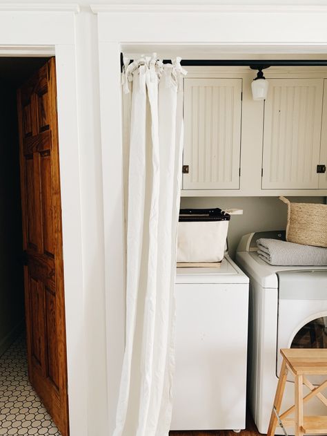 Hidden Laundry Rooms, Laundry Room Curtains, Laundry Closet Makeover, Laundry Nook, Hidden Laundry, Closet Curtains, Laundry Closet, Built In Cabinets, Taking Photos