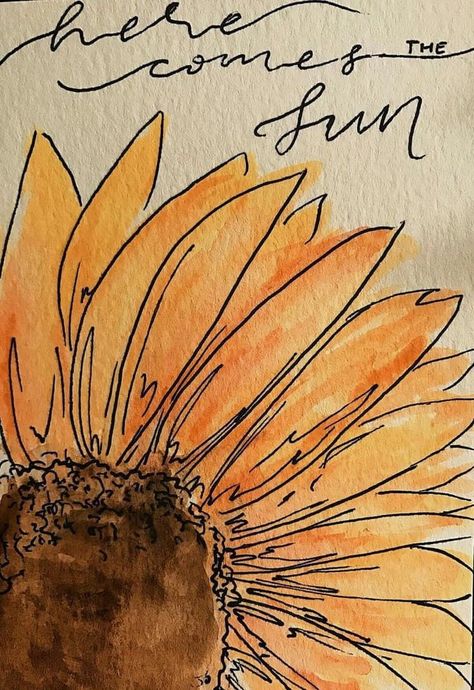 Sunflower art here comes the sun Rose And Sunflower Drawing, Watercolor Sunflowers How To Paint, Drawing A Sunflower, Aesthetic Sunflower Drawing, Sun Watercolor Painting, Water Coloring Ideas Aesthetic, Sun Flower Watercolor, Sunflower Drawing Watercolor, Art Sketches For Beginners