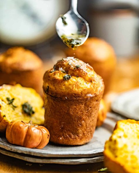 Pumpkin Popovers Pumpkin Popovers, Popovers Recipes, Popovers Recipe, Sage And Rosemary, Pumpkin Puree Recipes, Popover Recipe, Savory Pumpkin, Savory Pumpkin Recipes, Filling Snacks