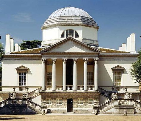 Architecture - Shown here is the Chiswick House designed and built by Richard Boyle, near London, England, from 1726-1729. The building derives from Neo-Palladian architecture, inspired by Andrea Palladio's Villa Rotunda. Just like the Villa Rotunda, the Chiswick House also has a completely symmetrical building with a square plan with four facades branching off the middle, each facade having a portico. Palladian Architecture, Neoclassical Villa, Princess Of Denmark, Chiswick House, Neo Classical Architecture, Pretty Buildings, Georgian Fireplaces, Classical Building, Town Planning