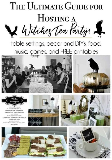 Pagan Party Ideas, Psychic Party Ideas, Witchy Party Games, Witchy Tea Party, Dark Tea Party Aesthetic, Witch Games, Spooky Tea Party, Goth Tea Party, Tea Party Decorations Diy