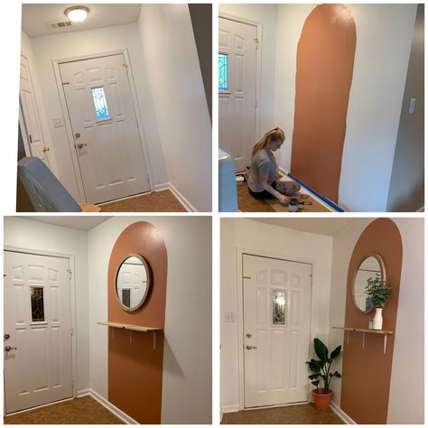 Arch Paint Mirror, Painted Arch With Shelf, Painted Arch With Mirror, Painted Arch Around Window, Painted Arch Entryway, Wall Arches Decor Ideas, Kitchen Arch, Painted Arch, Arch Entryway