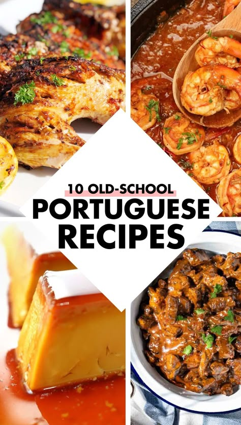 Pin image for authentic Portuguese recipes. It has four different recipes in the image. Two up top, and two down below. And in the middle is a white diamond shaped space with a title inside that reads, "10 Old School Portuguese Recipes." It shows recipes like piri piri chicken and beef trinchado. Portuguese Recipes Dinner, Cacoila Recipe Portuguese, Portuguese Recipes Azorean, Portuguese Recipes Traditional, Portuguese Bbq, Portuguese Food Recipes, Azorean Recipes, Cacoila Recipe, Portuguese Chicken Recipes