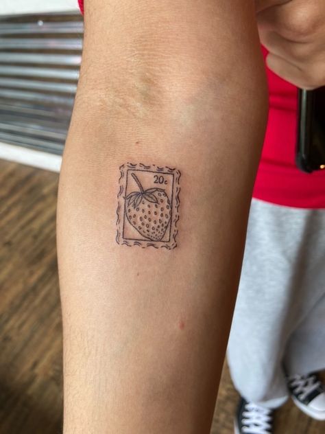 Stamp Tattoos Ideas, Straw Berry Tattoo, Receipt Tattoo, Strawberry Tattoo Aesthetic, Mini Stamp Tattoo, Minimalist Stamp Tattoo, Strawberry Basket Tattoo, Simple Stamp Tattoo, Strawberry Vine Tattoo Minimalist