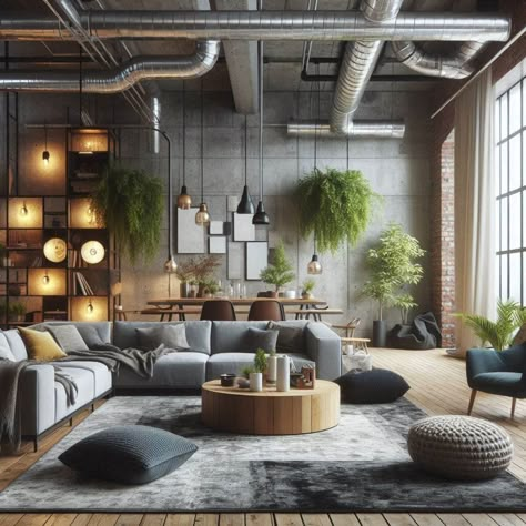 Industrial Style Studio Apartment, Industrial Beach House Interior Design, Industrial Organic Interior Design, Industrial Walls Interior, Industrial Interior Decor, Industrial Decor With Plants, Black And White Industrial, Industrial Cottage Style, Interior Design Industrial