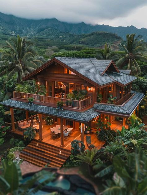 Jungle House Exterior, Jungle Mountain House Minecraft, Tropical Wooden House Design, Hawaiian Mansion, Houses Nature, Jungle Village, Island Mansion Tropical, Wood Cabin Mansion, Luxury Outdoor Spaces