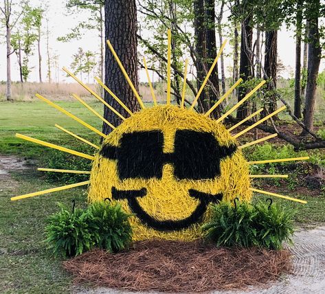 Summertime sunshine haybale decor Haybale Decorating Contest, Sunflower Parade Float Ideas, How To Paint Hay Bales, Hay Bale Painting Ideas, Round Bale Decorating Ideas, Hay Bale Art Ideas, Fall Painted Round Hay Bales, Round Hay Bale Spider, Haybale Decorating