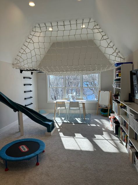 Rock Climbing Bedroom, Kids Basement Playroom, Bedroom Slide, Indoor Playground For Kids, Window Seat Ideas, Kids Playroom Ideas, Indoor Playroom, Kids Climbing, Kids Playroom Decor