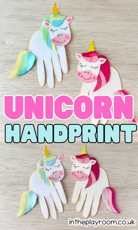 Handprint Unicorn Craft with Free Printable Template Unicorn Handprint Art, Unicorn Art Project, Easy Unicorn Craft, Mythical Creatures Activities For Kids, Handprint Unicorn, Unicorn Crafts For Preschoolers, Unicorn Arts And Crafts For Kids, Horse Crafts For Kids, Tk Crafts