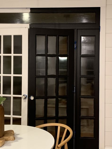 I Painted My French Doors Black + What TikTok Had To Say Black Patio Doors Interior, Black Kitchen Doors To Outside, Painted Black French Doors, Painting French Doors Interior, Black French Doors With Blinds, French Doors Painted Black, Painted Patio Doors Interior, French Door Update, French Door Makeover Diy Projects