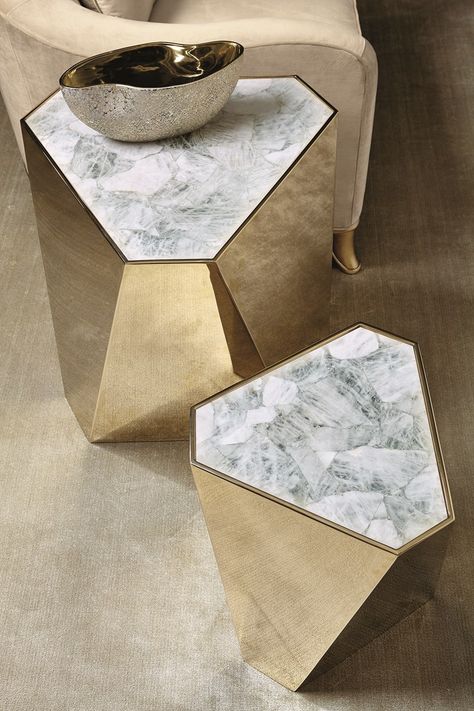 The Contempo Side | Caracole | Distinctive design results in a side table that will stir a conversation in any room. The beauty of your decor is given a warm Majestic Gold glow when it is reflected off the irregular angles of this hexagonal table. White crystal stone adorns the top of this contemporary knockout that can be placed by a chair or sofa for an added spectacular statement. Gold End Table, Hexagonal Table, Atlanta Market, Dreamscape Architecture, Gold Glow, Caracole Furniture, Contemporary Side Tables, Corporate Gifting, Table Leg