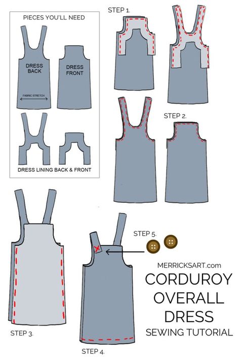 learn how to make this cute corduroy overall dress! Overall Dress Sewing Pattern, Dress Sewing Pattern Free, Sewing Pattern Free, Merricks Art, Diy Sy, Corduroy Overall Dress, Sewing Dress, Sew Ins, Beginner Sewing Projects Easy