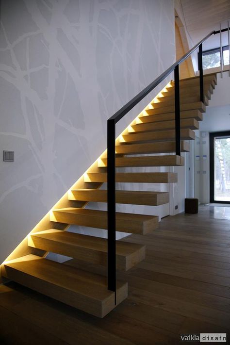 Floating Stairs Railing Ideas, Floating Stairs With Lights, Floating Stair Lighting, Floating Stairs Lighting, Stairs Skirting, Stairs Light, Staircase Lighting Ideas, Timber Staircase, Staircase Railing Design