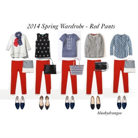 "Spring Wardrobe - Red Pants" by bluehydrangea on Polyvore Red Pants Outfit, Capsule Wardrobe Work, Minimalist Capsule Wardrobe, Wardrobe Planning, Red Jeans, Wear Red, Red Pants, Spring Wardrobe, Wearing Red