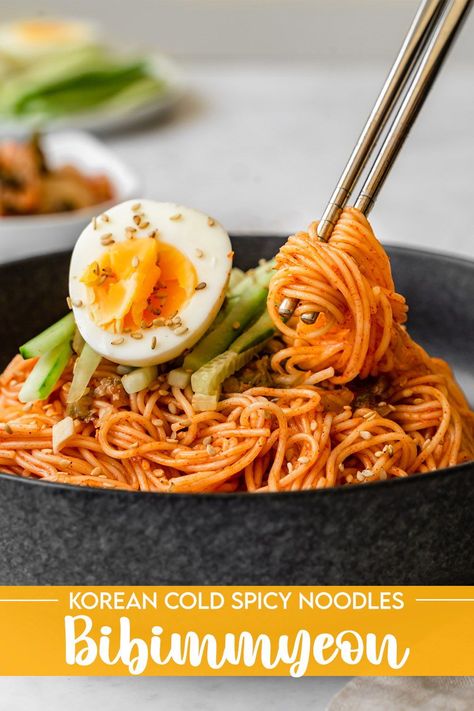 Bibimmyeon, or Bibim Guksu, are perfect for a hot day! Chewy wheat noodles are chilled and coated in a spicy gochujang sauce. It's topped with kimchi, cucumber, and a hard boiled egg. This easy Korean dish is tangy, spicy, and light yet satisfying. 15 minutes, vegetarian, dairy free. Korean Boiled Egg Recipes, Korean Spicy Cold Noodles, Kimchi With Eggs, Kimchi Scrambled Eggs, Spicy Cold Noodles Korean Food, Korean Cold Noodles, Healthy Korean Recipes, Fresh Kimchi, Gluten Free Ramen