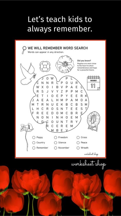 We will remember word search | Free printable at worksheetshop.com Remembrance Day Word Search, Word Search Free Printable, Word Search For Kids, Printable Worksheets For Kids, Remembrance Sunday, Kids Worksheets Printables, Student Goals, Free Worksheets, Veteran’s Day