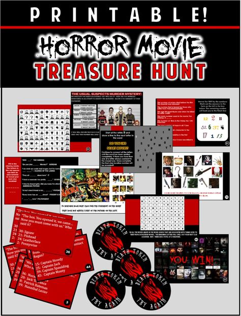 Horror Movie Party Game - Printable Horror Flick Trivia Treasure Hunt Horror Movie Party, Classic Scary Movies, Horror Themed Party, Horror Movie Night, Funny Party Games, Movie Birthday Party, Halloween Scavenger Hunt, Movie Themed Party, Halloween Party Printables