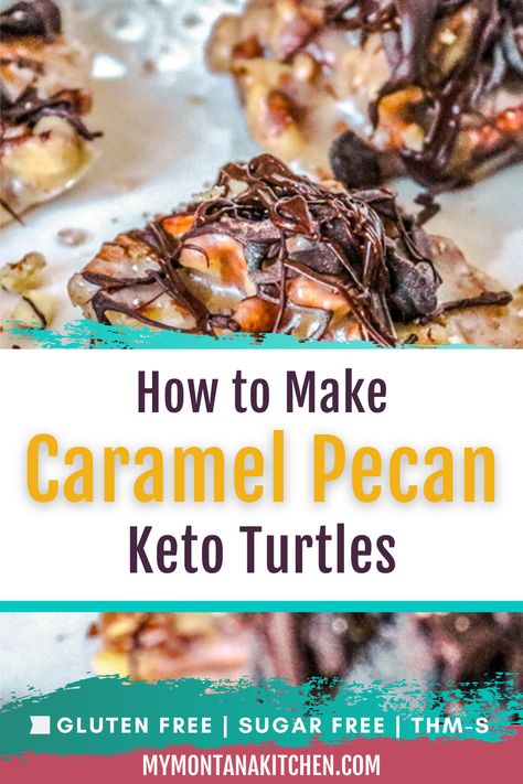 These must-make caramel pecan clusters are topped with sweet chocolate. They're the perfect mid-week snack or keto dessert for your next holiday celebration! Grab the recipe now. Keto Holiday Dessert, Pecan Turtles Recipe, Keto Chocolate Desserts, Keto Chocolate Recipes, Turtles Recipe, Pecan Clusters, Turtle Recipe, Caramel Pecans, Keto Caramel