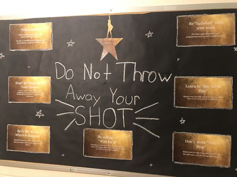 Hamilton Bulletin Board Ideas, Hamilton Bulletin Board, Hamilton Classroom Decor, Theatre Bulletin Board Ideas, Broadway Bulletin Board, Hamilton Classroom, Suny Oneonta, Ra Inspiration, Resident Assistant Bulletin Boards