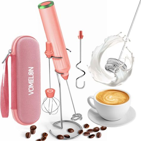 Milk Frother Handheld with 3 Stainless Steel Whisks, Rechargeable Electric Drink Mixer with Stand & Travel Case, Milk Foamer for Coffee, Latte, Cappuccino, Hot Chocolate, Egg,Jam Supplement-Pink Electric Whisk, Milk Foamer, Chocolate Cappuccino, Green Lights, Chocolate Egg, Electric Milk Frother, Milk Foam, Drink Mixer, Frothing Milk