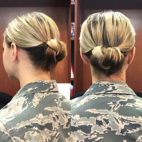 Brought to you from the desk of Lieutenant Rowe, today's military bun is a braided gibson tuck.  @army hair has an amazing tutorial for the standard gibson tuck on their YouTube page... however I added a step to make it a braided updo. When the hair is in the topsy tail, make a simple 3-strand braid before you tuck it up. It's so easy, takes me less than 3-minutes to do, and only takes 2 bobby pins--and it makes for a chic, sleek military or professional bun for anyone!! Army Bun, Army Bun Hairstyles, Military Bun Hairstyles, Military Hairstyles For Women, Military Bun, Military Hair, Sock Bun, Ball Hairstyles, Peinados Recogidos