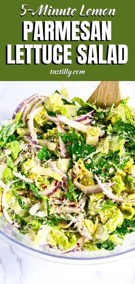 Quick Lemon Parmesan Salad in just 5 minutes! Fresh lettuce, lemon, and Parmesan make the perfect easy side Romaine Lettuce Recipe Salad, Easy Salads With Romaine Lettuce, Salad Recipes Using Romaine Lettuce, Simple Romaine Salad, Romaine Lettuce Salad Recipes, Arugula Lemon Parmesan Salad, Crunchy Lemon Parmesan Salad Romaine, Lettuce Salad Recipes, Parmesan Salad