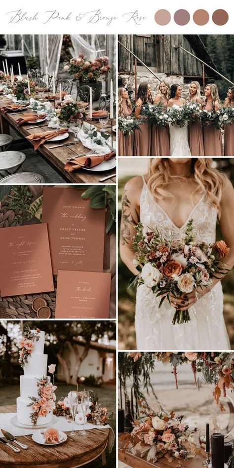 Dusty Brown Wedding Theme, Bronze Rose Wedding, Wedding Dusty Purple, Champagne And Bronze Wedding, Boho Wedding Colours, Dusty Rust Wedding, Mochi Wedding, Blush And Champagne Wedding Colors, Rust And Blush Wedding