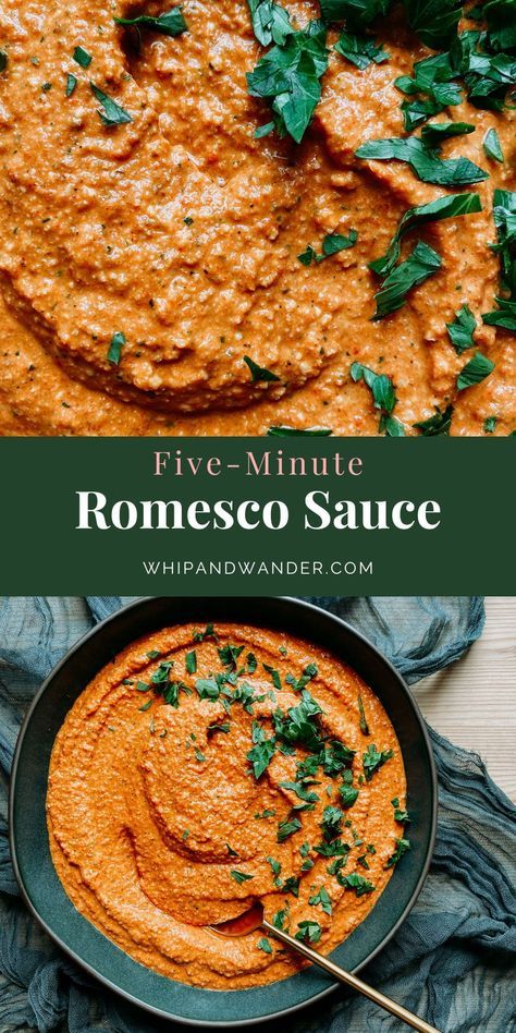 This bright red-orange Romesco Sauce blends up in about 5-minutes and offers a flavor profile that is deliciously smoky, savory, and acidic. Romesco Sauce Recipe, Romesco Sauce, 5 Minute Meals, Red Pepper Sauce, Italian Foods, Grilled Meats, Easy Homemade Recipes, Food Test, Pantry Staples